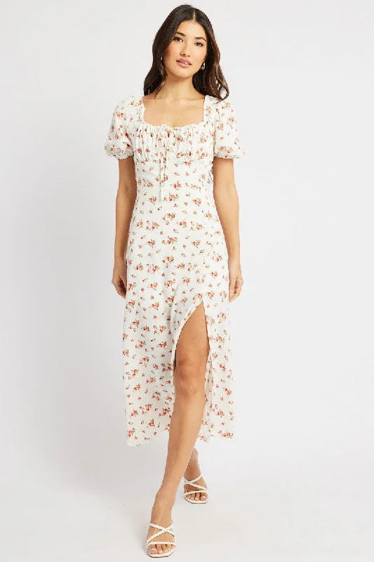 White Ditsy Midi Dress Short Sleeve Side Split