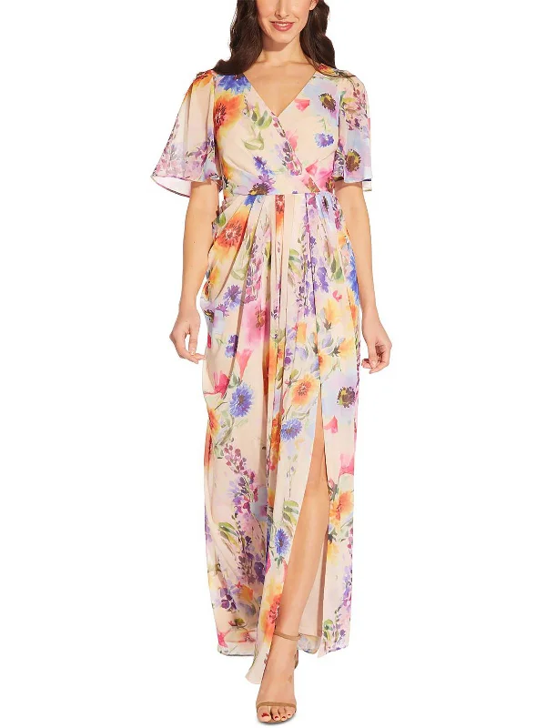 Womens Floral Flutter Sleeve Maxi Dress