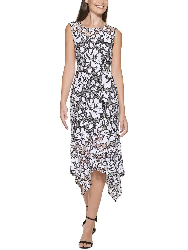 Womens Floral Netted Midi Fit & Flare Dress