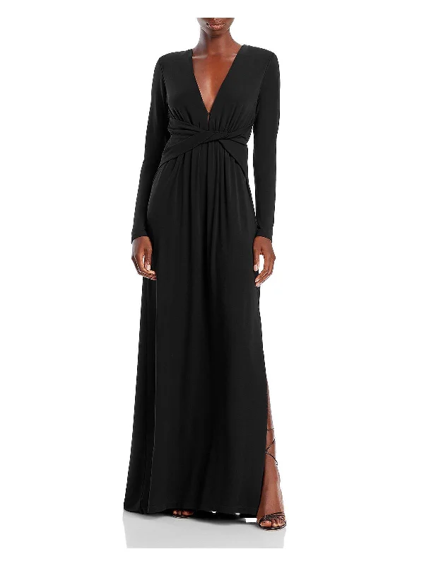 Womens Plunging Gathered Evening Dress