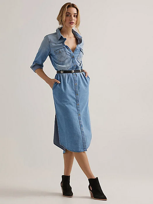 Womens Retro Long Sleeve Denim Midi Dress - Blue Denim