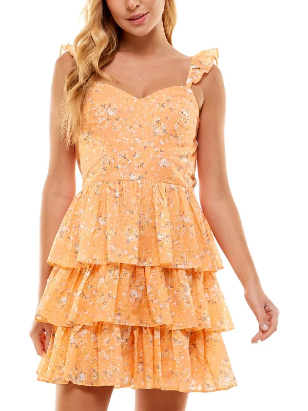 Juniors Womens Floral Tiered Fit & Flare Dress