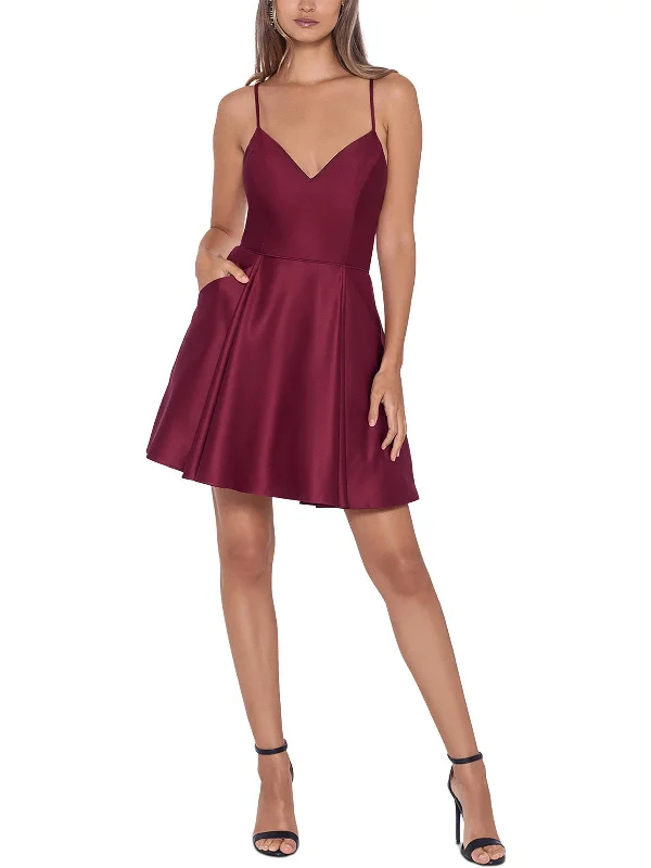 Juniors Womens Satin Mini Fit & Flare Dress