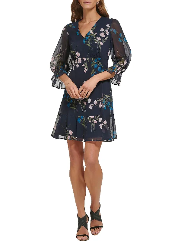 Petites Womens Chiffon Floral Fit & Flare Dress