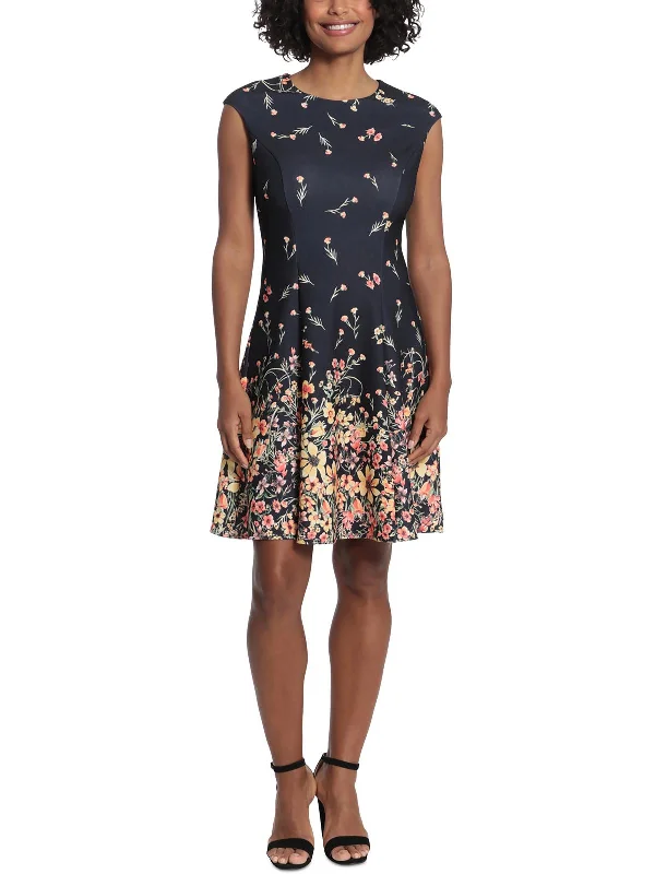 Petites Womens Floral Print Knee Length Fit & Flare Dress