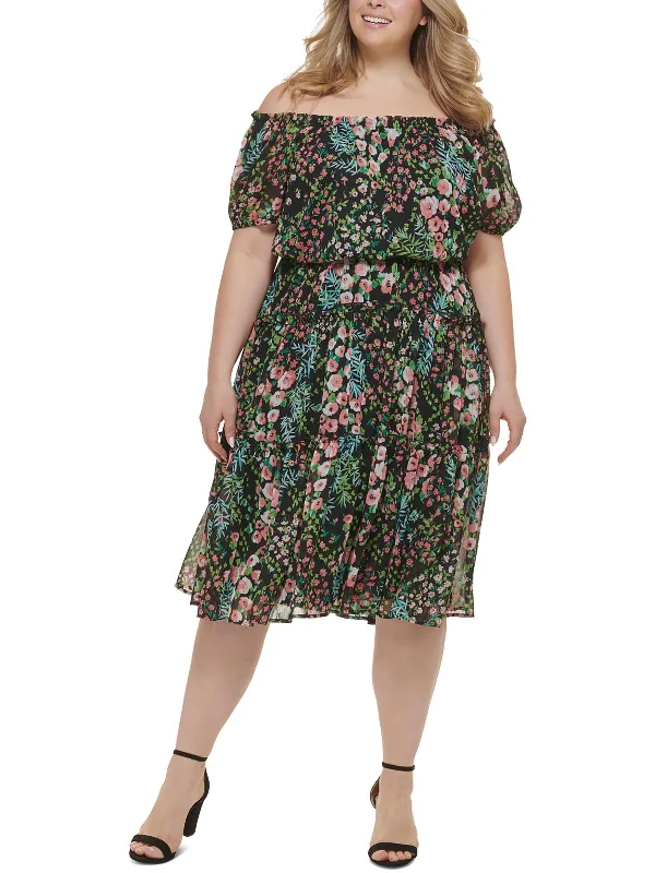 Plus Womens Floral Off The Shoulder Fit & Flare Dress