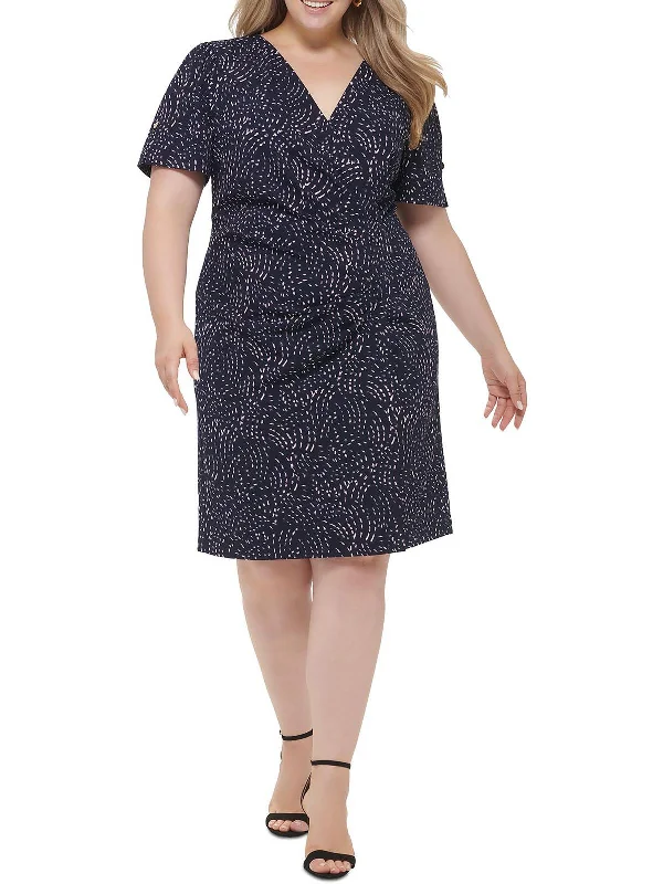 Plus Womens Printed V-Neck Wrap Dress