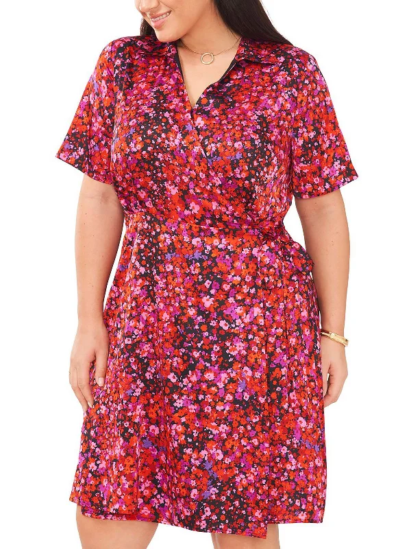 Plus Womens Satin Floral Wrap Dress