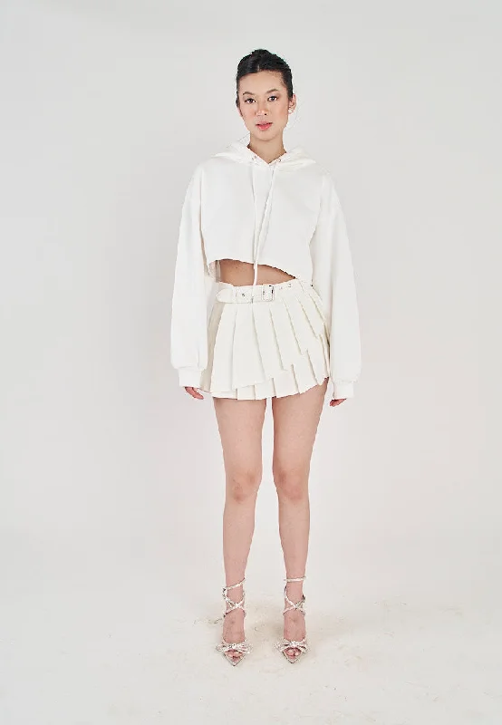 Hirro White Pleated asymmetrical Front Detail with Belt Mini Skirt