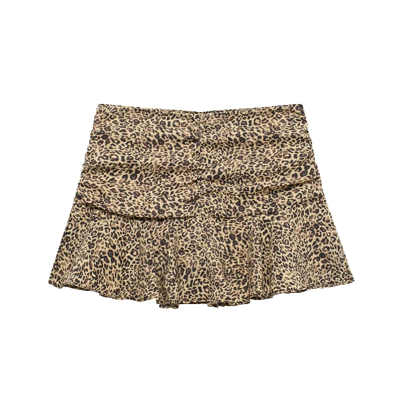 Tasmin Brown Leopard Print Pleated Zipper Fly Mini Skirt
