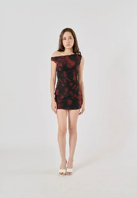 (PRE-ORDER: ETA November 10) Vallie Red Abstract Print Elastic Waist Mini Skirt