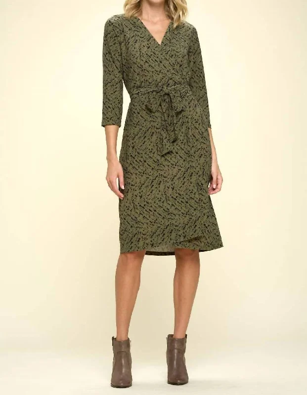 Print V-Neck Wrap Dress In Olive