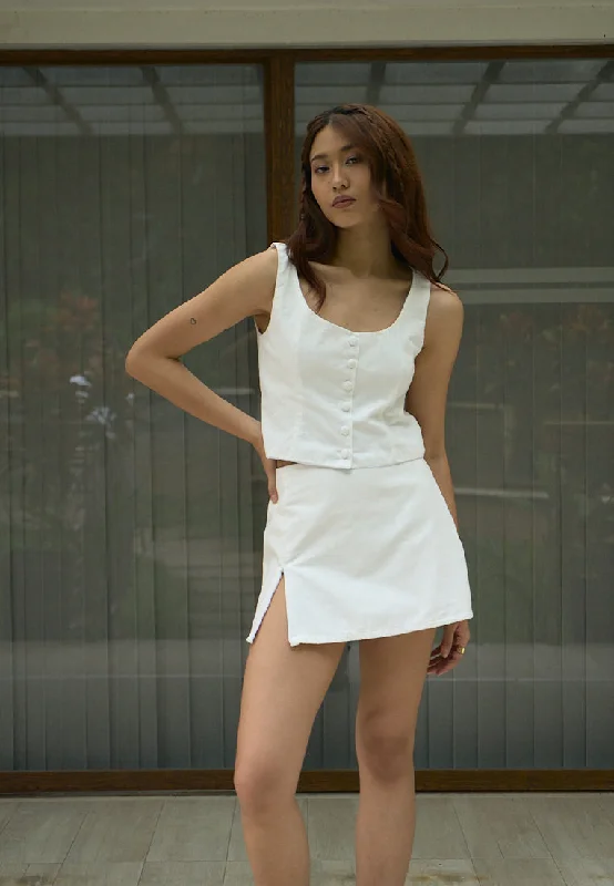 Vanaia In Oat Elastic Back Waist Side Zipper Mini Skirt