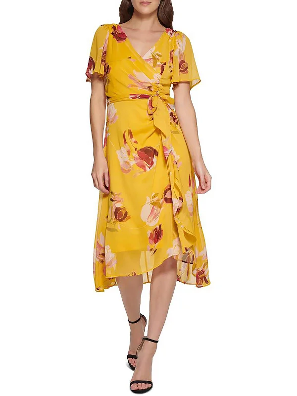 Womens Chiffon Floral Fit & Flare Dress