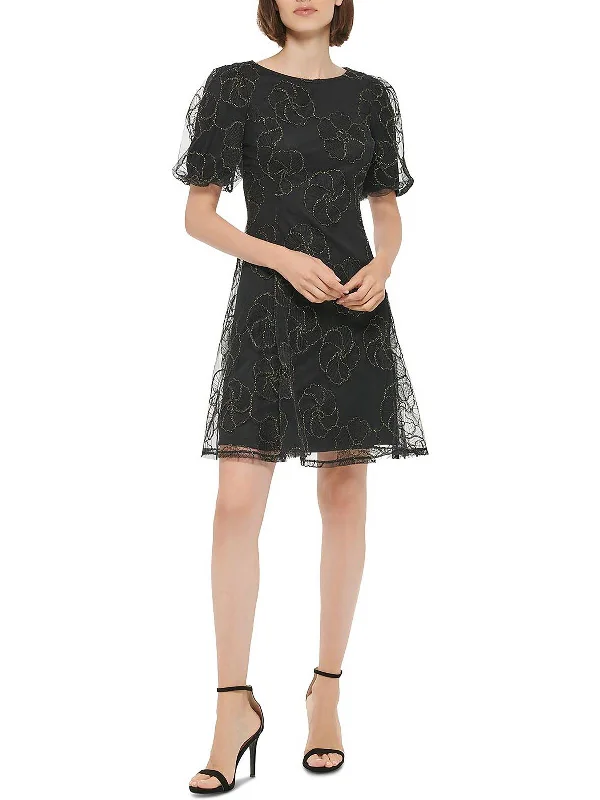 Womens Embroidered Mesh Fit & Flare Dress