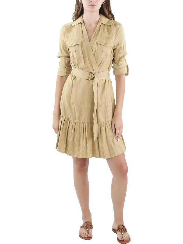 Womens Faux Wrap Jacquard Wrap Dress