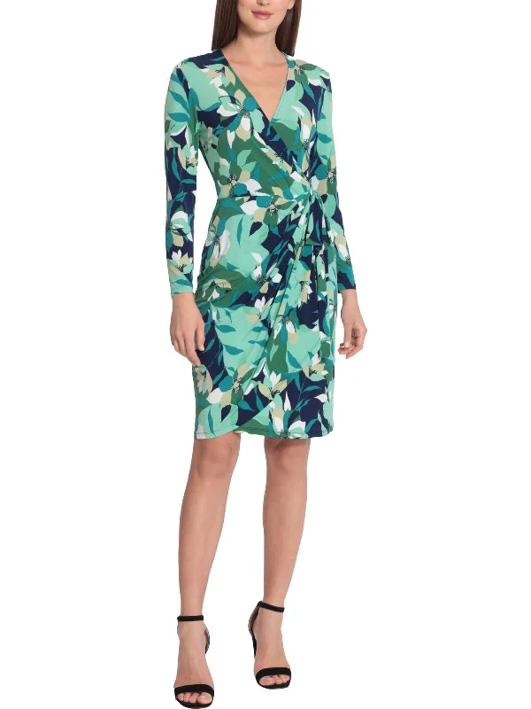 Womens Floral Print Knee Length Wrap Dress