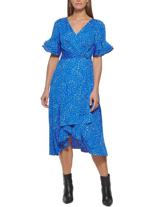 Womens Printed Ruffled Wrap Dress