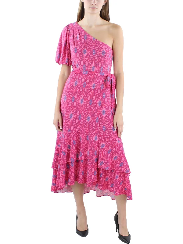 Womens Printed Tea Length Wrap Dress