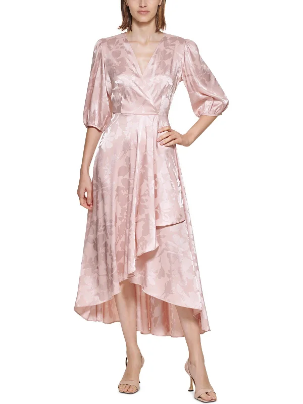 Womens Satin Tea-Length Wrap Dress