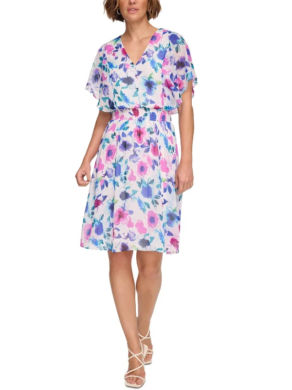 Womens Smocked Waist Floral Fit & Flare Dress