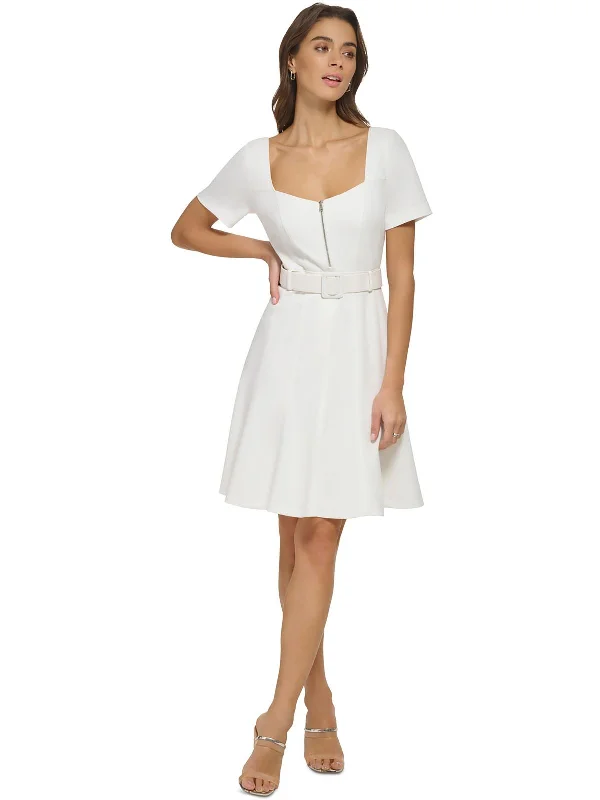 Womens Sweetheart Neck Belted Fit & Flare Dress