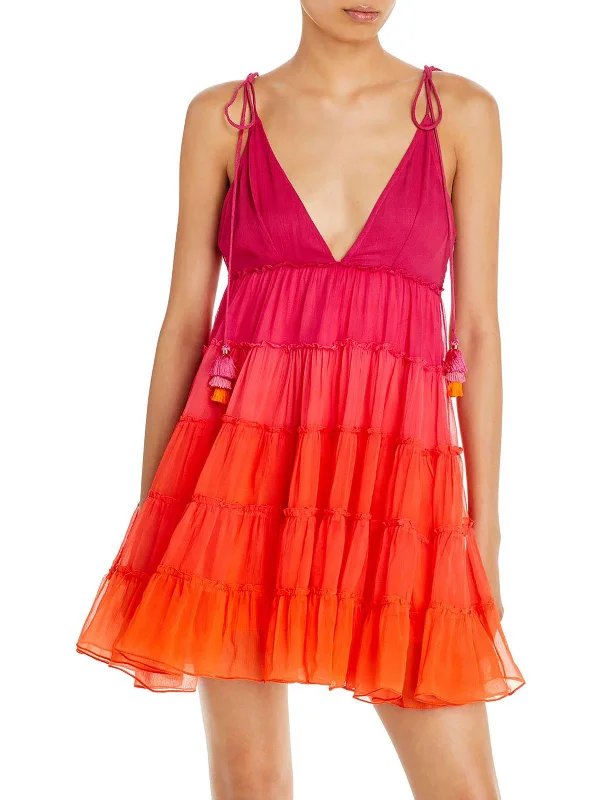 Womens Tiered Pom-Pom Fit & Flare Dress