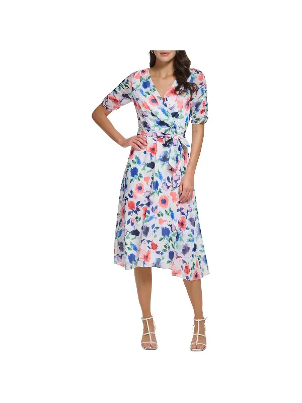 Petites Womens Faux Wrap Floral Wrap Dress