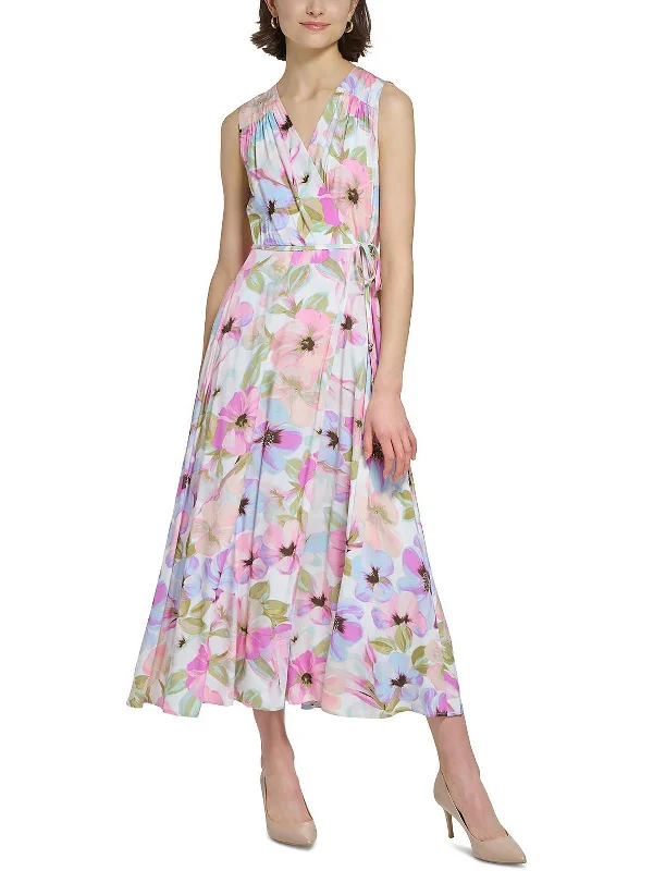 Womens Floral Sleeveless Wrap Dress