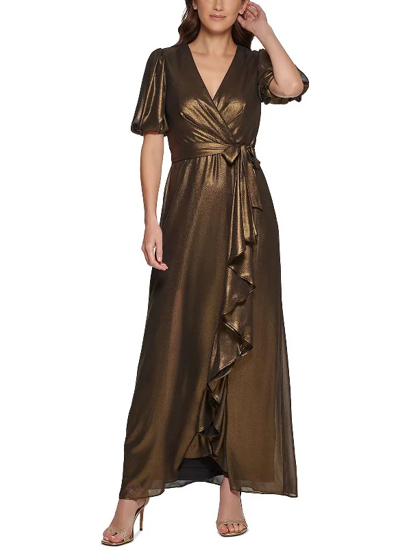 Womens Metallic Surplice Wrap Dress