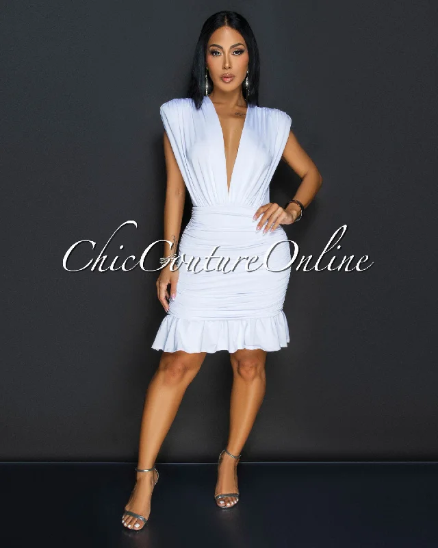 Amai White Deep-V Ruched Ruffle Dress