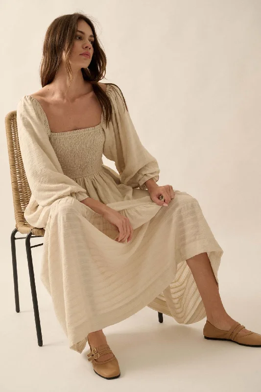 Better Days Smocked Tonal-Stripe Peasant Maxi Dress