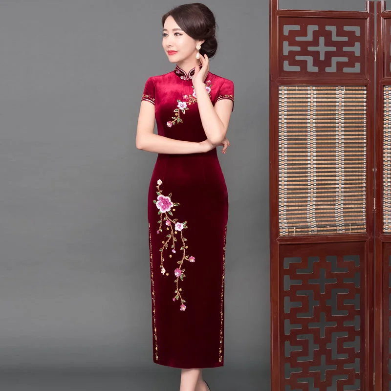 Cap Sleeve Full Length Velvet Cheongsam Mother Dress