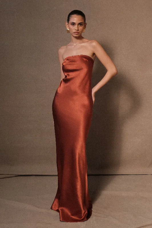 Claudette Strapless Satin Maxi Dress - Burnt Orange