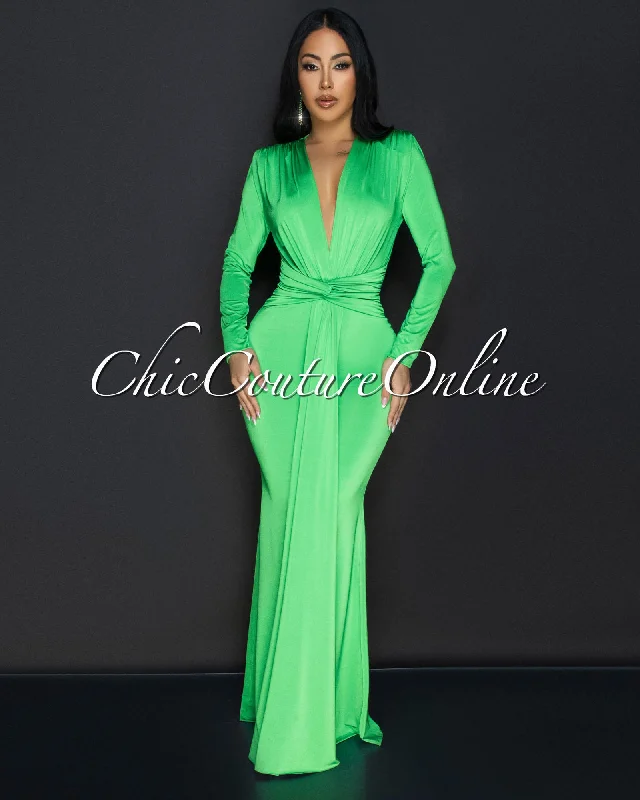 Cordelia Apple Green Long Sleeves Deep V-Neck Maxi Dress