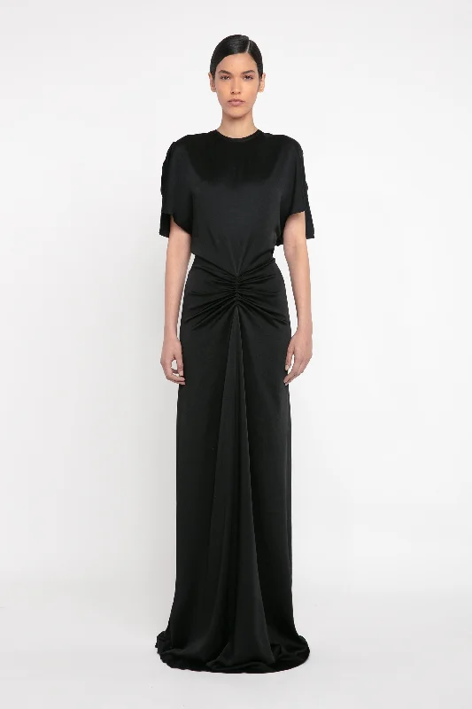 Gathered Waist Floor-Length Dress In Black