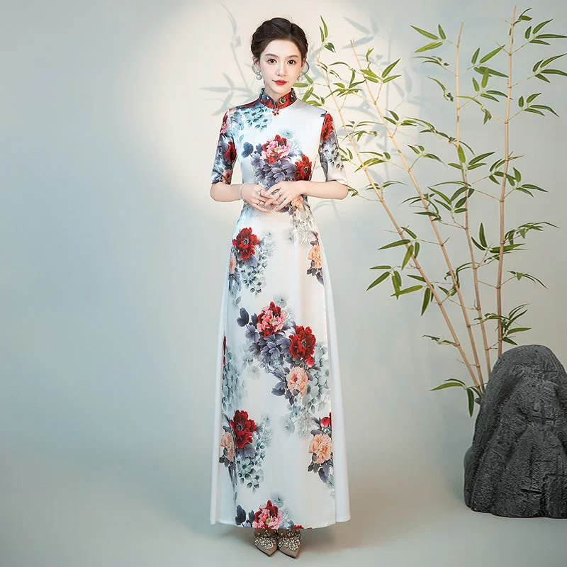 Half Sleeves Cheongsam Top Vietnamese Ao Dai Dress Floral Dress includes Loose Pants