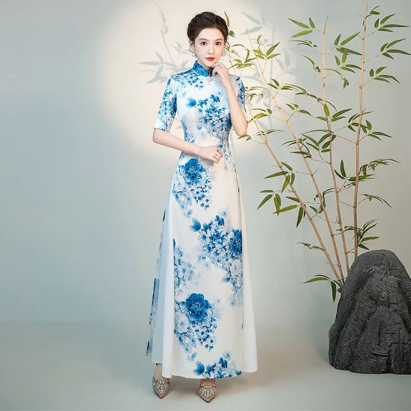 Half Sleeves Cheongsam Top Vietnamese Ao Dai Dress Floral Dress includes Loose Pants