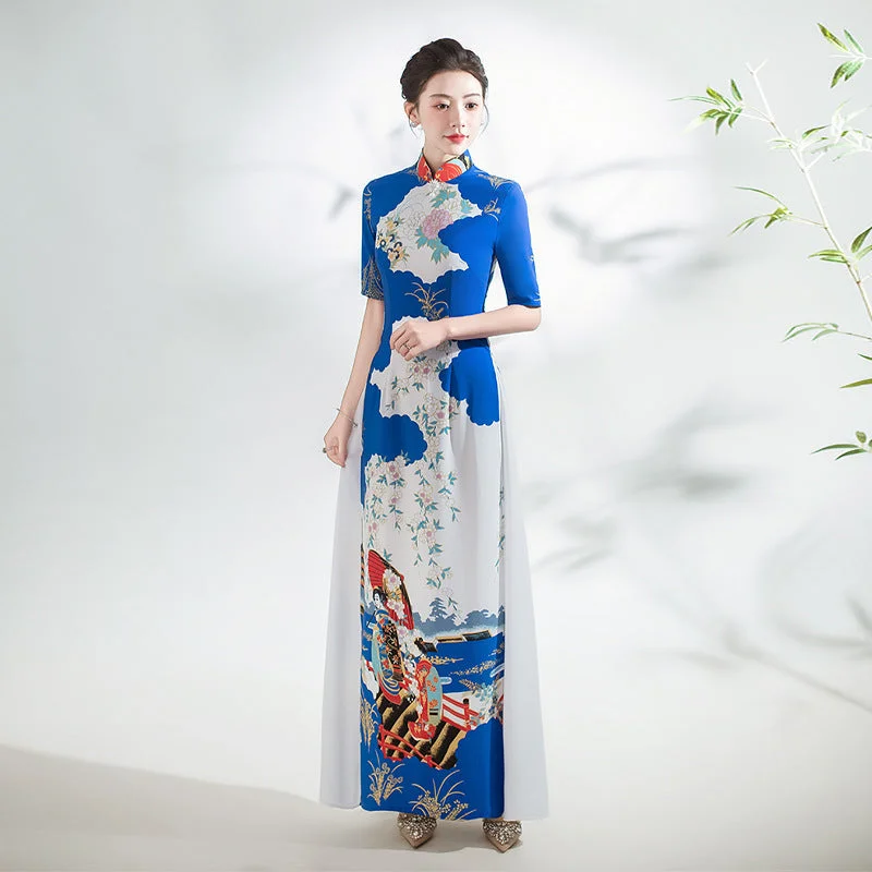 Half Sleeves Cheongsam Top Vietnamese Ao Dai Dress includes Loose Pants