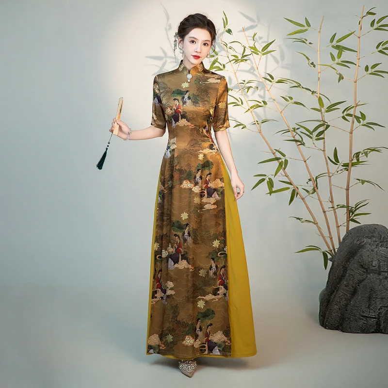 Half Sleeves Cheongsam Top Vietnamese Ao Dai Dress includes Loose Pants