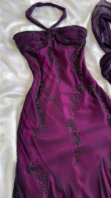 halter neck beaded purple evening prom dress gh2942