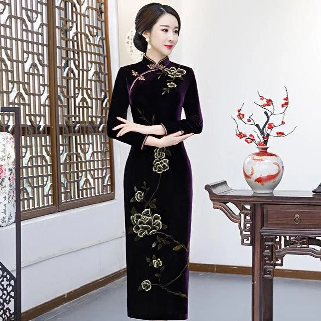 Long Sleeve Floral Velvet Cheongsam Chinese Style Mother Dress