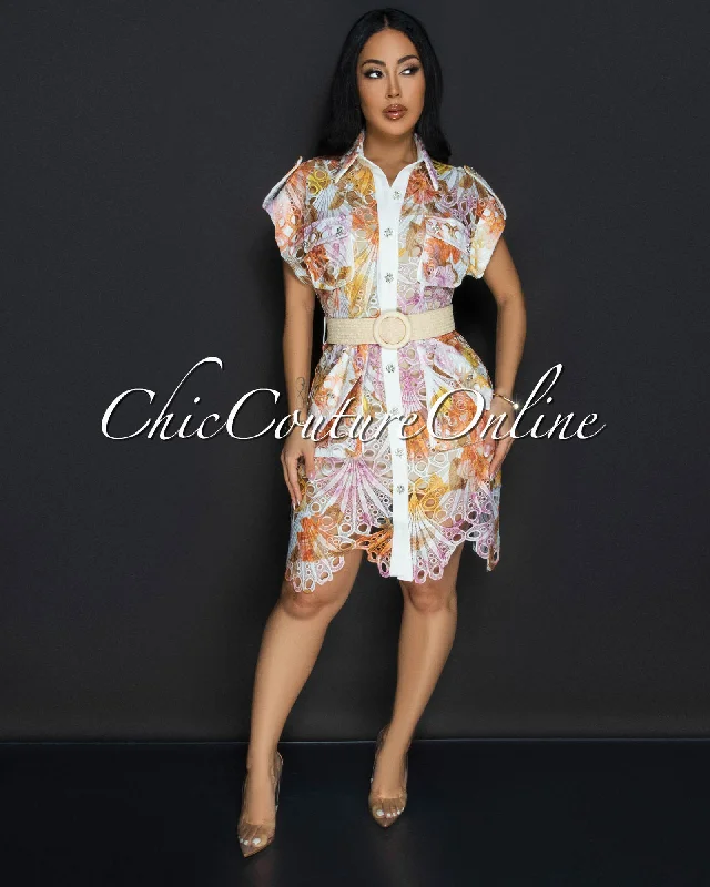 Luminous Multi-Color Print Crochet Belted Dress