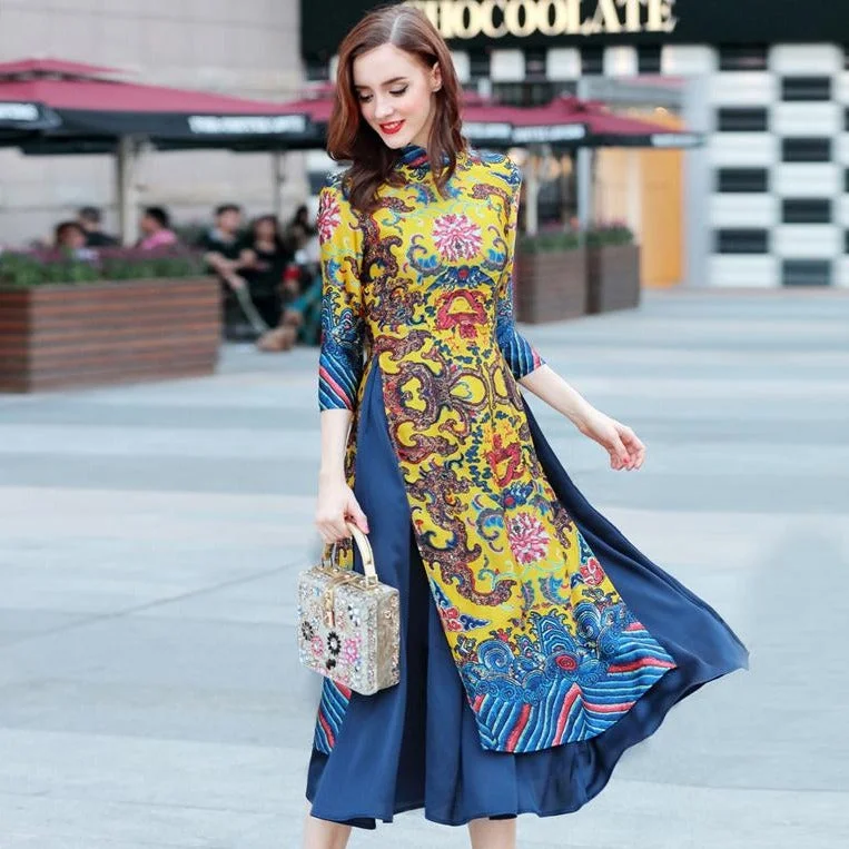 Mandarin Collar 3/4 Sleeve Cheongsam Top Tea Length Ao Dai Dress