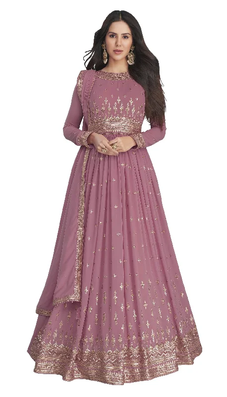 RUDRAPRAYAG Georgette Embroidered Semi-Stitched Gown for Women Lavender