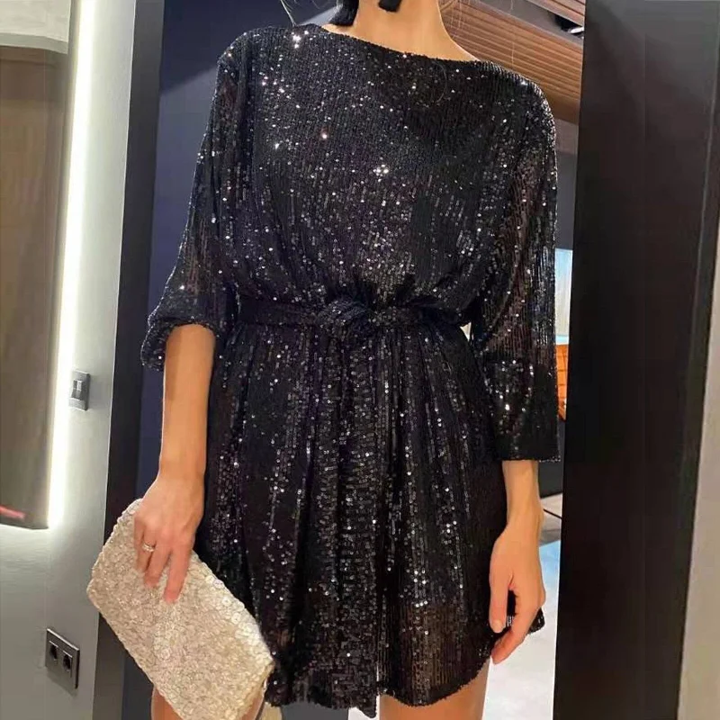 Sequin Dress Women Holiday Party Beaded O Neck Long Sleeve Lace Up Wrap Dresses With Belt Ruched Clubwear Gitter Vestidos