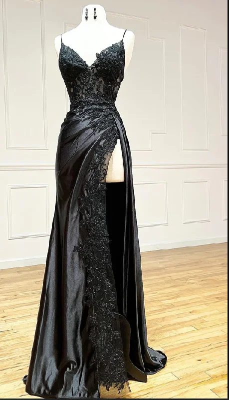 Spaghetti Straps Appliques Side Slit Black Prom Dress gh2611