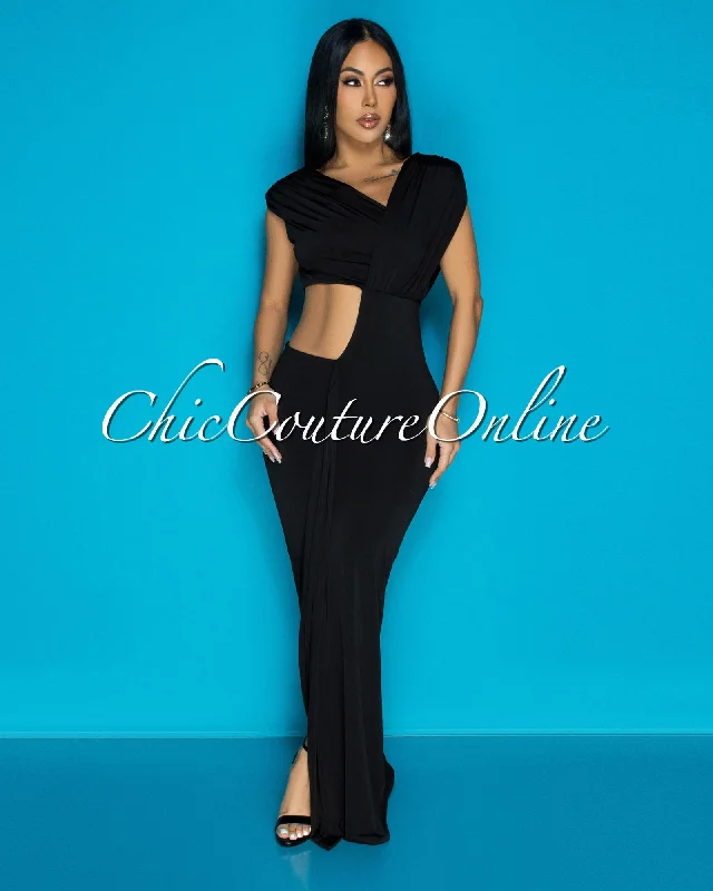 Violi Black Off Shoulder Cut Out Maxi Dress