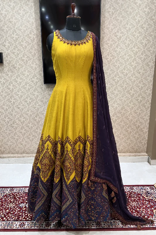 Yellow with Navy Blue Embroidery and Beads work Floor Length Anarkali Suit